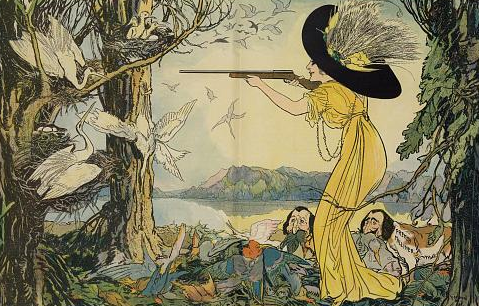 Cartoon shows a woman in a large hat and long gown shooting at a flock of geese.